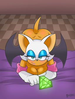 anthro armwear back_wings bed_sheet bedding bedroom_eyes big_ears blue_eyes blue_eyeshadow blush body_blush breasts butt butt_blush chaos_emerald checkerboard_floor cleavage clothed clothing convenient_censorship elbow_gloves eyeshadow female gem gloves handwear lipstick looking_at_viewer makeup mostly_nude narrowed_eyes no_underwear seductive smile smiling_at_viewer solo wings ramahdraws sega sonic_the_hedgehog_(series) rouge_the_bat bat mammal