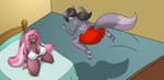 4_toes 5_fingers anthro bed bedroom big_breasts black_hair boxers_(clothing) bra breasts brown_body brown_fur butt clothed clothing duo feet female fingers fur furniture grey_body grey_fur hair hindpaw humanoid_hands male male/female panties paws pink_hair pokemorph pounce toes topless topless_anthro topless_male underwear mastergodai upstairstudios nintendo pokemon survival_of_the_fittest shaze tiffany_harkick eevee generation_1_pokemon generation_4_pokemon lopunny pokemon_(species) shiny_pokemon 2017