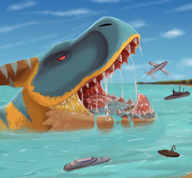 aircraft airplane ambiguous_gender boat bodily_fluids feral macro object_vore open_mouth saliva saliva_string sea sharp_teeth solo teeth vehicle vore water watercraft yacht tallion capcom monster_hunter grev_(greviste) flying_wyvern tigrex hi_res
