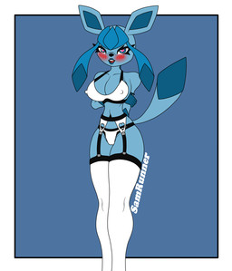 anthro breasts camel_toe cat_lingerie cleavage_cutout clothing cutout female garter_straps gesture hand_gesture hand_on_hip legwear lingerie looking_at_viewer nipple_outline open_mouth open_smile presenting school school_uniform simple_background small_waist smile solo spread_legs spreading teacher thigh_highs uniform v_sign samrunner nintendo pokemon eeveelution generation_4_pokemon glaceon humanoid pokemon_(species) hi_res