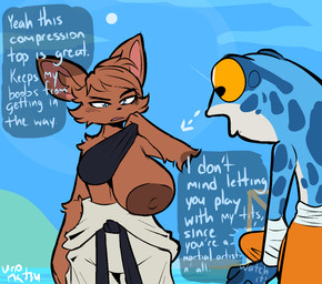 anthro areola big_breasts biped blue_eyes blush bottomwear breasts chest_binder clothed clothing detailed_background dialogue duo erection erection_under_clothing female fingers hidden_buxom huge_breasts male nipples one_breast_out pupils speech_bubble text topless topwear underwear uromatsu rivals_of_aether olympia_(rivals_of_aether) ranno amphibian frog mammal murid murine rat rodent english_text hi_res