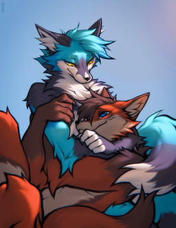 anthro cuddling duo male male/male smile falvie nanabi_ashiro rio(cerulean) canid canine fox mammal hi_res