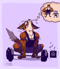 anthro barazoku biceps bulge clothed clothing duo exercise fangs fur imagination male multicolored_body multicolored_fur muscular muscular_anthro muscular_male pecs teeth thought_bubble vein pinumontbalou canid canine canis fox mammal wolf absurd_res hi_res