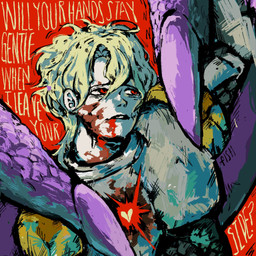 armor blonde_hair blood bodily_fluids cape claws clothing duo female feral finger_claws hair heart_symbol male male/female purple_body text wounded miaotwo mythology o_hear_thee oberon_(oth) roselia_(oth) dragon humanoid mythological_creature mythological_scalie scalie 1:1 hi_res