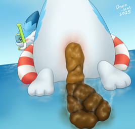 3_toes ambiguous_gender anus anus_focus blue_body blue_fur blush eyewear feces feces_in_ass feces_pile feet feral fur goggles looking_at_viewer looking_back looking_back_at_viewer multicolored_body pink_anus pooping pooping_into_water sea sky solo swim_ring swimming swimming_goggles toes two_tone_body water white_body white_fur drain_scat palworld pocketpair chillet pal_(species) absurd_res hi_res