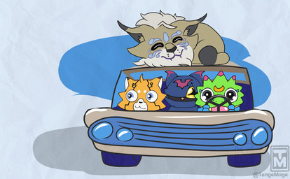 :3 ambiguous_gender anthro car driving female feral group male markings simple_background sleeping vehicle tenge_mage bandai_namco digimon bat chiropmon cougarmon digimon_(species) felid gecko gekkomon lion lizard mammal pantherine pristimon procyonid raccoon reptile scalie hi_res