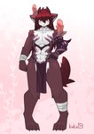 accessory anthro bottomwear breasts clothed clothing female hair_accessory landsknecht loincloth muscular muscular_female red_body red_eyes simple_background skimpy solo kiukiu priemel_krantz_(kiukiu) unknown_species absurd_res hi_res