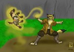 adventure adventurer after_transformation anthro black_nose brown_body brown_fur brown_hair claws duo eye_scar facial_scar fantasy feral feral_transformation fluffy fur hair magic male orange_eyes pawpads paws scar tail tan_body tan_fur toe_claws transformation electuroo_(artist) ra'zim gnoll hybrid hyena mammal 2023 hi_res