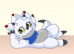 anthro bandai_namco bandanna bedroom_eyes belly black_claws claws cocampplus digimon digimon_(species) digimon_ghost_game gammamon horn kerchief looking_at_viewer lying male narrowed_eyes on_side seductive slightly_chubby solo white_body yellow_eyes