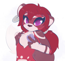 accessory anthro bodypaint camera ear_piercing eyebrows eyelashes fluffy fluffy_chest fur hair hair_accessory hair_tie male multicolored_body piercing purple_eyes red_hair solo kemotobi tobiki_(kemotobi) domestic_ferret mammal mustelid musteline true_musteline weasel 2013