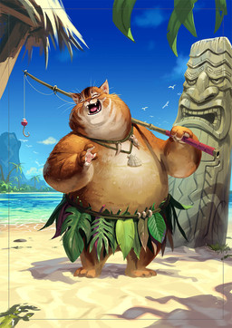 anthro clothed clothing cloud day detailed_background eyes_closed fishing_rod holding_fishing_rod holding_object laugh leaf_clothing male mountain open_mouth outside overweight overweight_anthro overweight_male palm_tree plant sand smile solo standing topless topless_male tree water whiskers paul_mafayon chawai domestic_cat felid feline felis mammal hi_res official_art