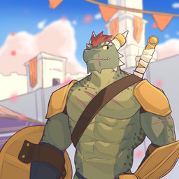 abs anthro armor castle clothed clothing countershading day detailed_background hair horn horn_jewelry horn_ring jewelry male melee_weapon muscular muscular_anthro muscular_male outside pecs ring_(jewelry) scar sheathed_weapon shield shoulder_pads smile solo straps sword topless topless_male weapon jrjresq microsoft the_elder_scrolls argonian scalie 1:1 2021 hi_res
