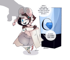 anthro areola areola_slip bandage bandage_on_face bandage_on_nose big_areola big_breasts blue_eyes boots bottomwear braided_hair breasts cloak clothing dialogue diamond_(gem) ear_piercing ear_tuft eyelashes female fingerless_gloves footwear fur furred_boots gem gloves grey_bottomwear grey_clothing grey_pants hair handwear hood huge_breasts huge_hips huge_thighs markings mole_(marking) notched_ear offscreen_character one_eye_closed overweight overweight_anthro overweight_female pants piercing shadow shoes short_stack solo speech_bubble tail text thick_thighs thief tuft whiskers white_body white_fur white_hair wide_hips wink gats tish_(gats) mammal murid murine rat rodent english_text hi_res