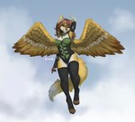 anthro armwear biped black_clothing black_legwear black_thigh_highs breasts brown_hair bustier clothed clothing elbow_gloves exposure_variation feathered_wings feathers female flying fur gloves green_clothing hair handwear legwear solo thigh_highs white_body white_fur wings yellow_body yellow_fur foxovh lara_aldora angel canid canine fox mammal 2022 digital_media_(artwork)