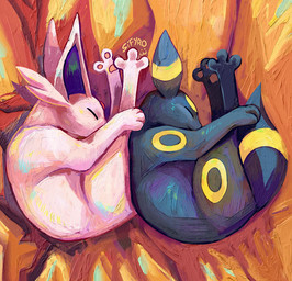 3_toes acting_like_a_cat bed black_body black_fur eyes_closed feet fur furniture painterly pawpads paws pink_body pink_fur sleeping toes blitzdrachin conditional_dnp nintendo pokemon eeveelution espeon felid feline felis generation_2_pokemon mammal pokemon_(species) umbreon 2025 oil_painting_(artwork) painting_(artwork) traditional_media_(artwork) traditional_painting_(artwork)
