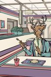 2020 5_fingers anthro antlers beastars beverage black_nose burrito cervine closed_smile clothed clothing colored cutlery deer detailed_background digital_media_(artwork) dress_shirt english_text fingers food fork fur furniture glistening glistening_eyes happy hi_res holding_object horn inside jacket kemono kitchen_utensils knife louis_(beastars) male mammal mouth_closed red_deer shaded shirt sitting smile solo table taco_bell tan_body tan_fur tapirclip text tools topwear