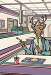 5_fingers anthro antlers beverage black_nose burrito closed_smile clothed clothing cutlery detailed_background dress_shirt fingers food fork fur furniture glistening glistening_eyes happy holding_object horn inside jacket kemono kitchen_utensils knife male mouth_closed shirt sitting smile solo table tan_body tan_fur text tools topwear tapirclip beastars taco_bell louis_(beastars) cervine deer mammal red_deer 2020 colored digital_media_(artwork) english_text hi_res shaded