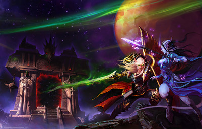 action_pose armor black_hair blonde_hair breasts clothing female hair holding_melee_weapon holding_object holding_staff holding_sword holding_weapon hooves horn humanoid_pointy_ears male melee_weapon night not_furry open_mouth outside paladin planet pointy_ears portal pose purple_clothing staff star sword weapon wei_wang blizzard_entertainment warcraft blood_elf draenei elf humanoid 2006 official_art