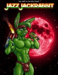 abs accessory anthro blaster blue_eyes buckteeth bulge carrot clothed clothing food front_view green_body green_hair greeting gun hair headband holding_gun holding_object holding_ranged_weapon holding_weapon looking_at_viewer male moon muscular muscular_anthro muscular_male pecs pink_nose plant poster poster_template ranged_weapon smile solo space standing teeth text topless underwear vegetable weapon naughtyjester epic_games jazz_jackrabbit_(series) jazz_jackrabbit hare lagomorph leporid mammal 2011 english_text portrait three-quarter_portrait