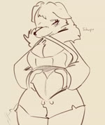 anthro blush bottomwear clothed clothed_female clothing female female_anthro floppy_ears fully_clothed fur lop_ears midriff shorts slightly_chubby smile solo standing conditional_dnp tohupo canid canine mammal animated monochrome no_sound short_playtime signature webm