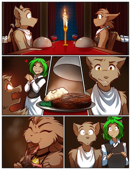 anthro biped blush brown_body brown_fur brown_hair clothed clothed_anthro clothed_female clothed_humanoid clothed_male clothing collar collar_of_keidranification collar_tag eating eyes_closed female fur green_hair group hair heart_symbol male smile conditional_dnp tom_fischbach twokinds karen_taverndatter mrs._nibbly sythe_(twokinds) humanoid keidran mammal rodent sciurid tree_squirrel 2025 digital_media_(artwork) hi_res