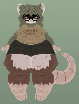 3_toes 4_fingers anthro belly bottomwear breasts brown_eyes buckteeth clothed clothing eyewear feet female fingers fur glasses green_background grey_body grey_fur happy looking_at_viewer multicolored_body multicolored_fur overweight overweight_anthro overweight_female pink_nose shirt shorts simple_background solo standing tail teeth text text_on_clothing text_on_topwear thick_thighs toes topwear wearing_glasses wide_hips lou_pancake basil_(lou_pancake) mammal murid murine rat rodent english_text hi_res
