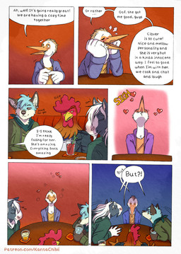5_fingers alcohol anthro bar beverage black_nose blue_body blue_fur blush clothed clothed_anthro clothed_male clothing dialogue feathers fingers fur grey_body grey_fur group humanoid_hands kerchief male multicolored_body multicolored_fur neckerchief neckwear page_number red_body red_feathers shirt speech_bubble surprised swooning text topwear two_tone_body two_tone_fur white_body white_feathers white_fur kantachibli adrian_(kantachibli) benedict_(kantachibli) blue_(kantachibli) phillip_(kantachibli) avian bird canid canine chicken equid equine fox galliform heron horse mammal pelecaniform phasianid comic english_text hi_res url