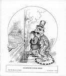 anthro biped black_text bottomwear bowler_hat cake caption clothing cold currency_symbol dessert dollar_sign duo eye_patch eyewear food grate hat headgear headwear jacket male name_on_hat necktie pants paper pastry pattern_bottomwear pattern_clothing pattern_jacket pattern_pants pattern_topwear pie steam store_window striped_bottomwear striped_clothing striped_jacket striped_pants striped_topwear stripes symbol text tongue tongue_out top_hat topwear window charles_bartholomew minneapolis_journal charles_murphy tammany_tiger felid human mammal pantherine tiger 1913 20th_century ancient_art black_and_white dated english_text hi_res monochrome signature
