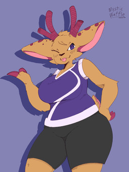 anthro antlers big_breasts black_bottomwear black_clothing black_pants black_shorts blep blush blush_lines bottomwear breasts brown_body brown_fur cheek_tuft clothing facial_tuft female fingers fur hand_on_hip head_tuft hooved_fingers hooves horn long_ears looking_at_viewer low-angle_view one_eye_closed pants pink_body pink_ears pink_fur pink_tongue purple_background purple_clothing purple_eyes purple_shirt purple_topwear shirt short_tail shorts simple_background sleeveless_shirt slightly_chubby slightly_chubby_female smile smiling_at_viewer solo spots tail thick_thighs tongue tongue_out topwear tuft wide_hips wink winking_at_viewer mysticwaffle032 solar_voltage fermi_(solar_voltage) deer mammal 3:4 hi_res