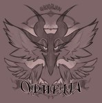 avian badge beak boidbwain character_name feathers halo hi_res horn looking_at_viewer monochrome ophelia_(boidbwain) solo symmetry wings