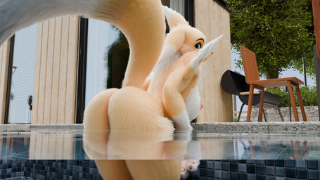 anthro day female fur looking_at_viewer looking_back nude outside solo swimming_pool yellow_body yellow_fur your_average_joe bandai_namco digimon renamon_(furromantic) canid digimon_(species) mammal renamon 16:9 3d_(artwork) blender_(artwork) blender_cycles_(artwork) digital_media_(artwork) hi_res widescreen