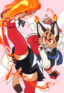 action_pose anthro bandage bandage_on_face biped bottomwear brown_body brown_fur burning cellphone cheek_tuft clothing constricted_pupils electronics emanata eyebrows facial_tuft female fingerless_gloves fire flip_phone footwear fur gloves handwear high_kick holding_object jacket kick legwear letterman_jacket long_tail miniskirt necktie orange_eyes paper phone pointy_ears pose pupils shoes shorts simple_background skirt slit_pupils small_pupils sneakers solo spandex spandex_shorts stockings tail thick_eyebrows tight_bottomwear tight_clothing tight_shorts topwear tuft beezii jackie_(beezii) caracal caracal_(genus) felid feline mammal digital_drawing_(artwork) digital_media_(artwork) hi_res
