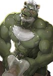 2022 abs anthro beard biceps blush bodily_fluids bottomwear bottomwear_down chest_tuft claws clothed clothing curtis_wuedti deltoids facial_hair felid finger_claws fur furniture genitals green_body green_fur hair hi_res humanoid_genitalia humanoid_penis male mammal muscular muscular_anthro muscular_male navel nipples obliques one_eye_closed pantherine pants pants_down partially_clothed pecs penetrable_booty_toy penetrable_sex_toy penis pubes red_eyes sex_toy solo sweat table transparent_sex_toy tuft vein veiny_muscles veiny_penis wediz_(sollyz) whiskers white_hair