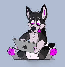 anthro diaper male solo tablet_computer sugarbiscuits apple_inc. ipad pyre_corgi canid canine canis domestic_dog herding_dog mammal pastoral_dog welsh_corgi absurd_res hi_res