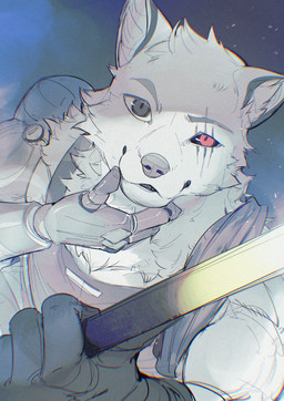 anthro apron black_clothing black_gloves black_handwear black_sclera clothed clothed_anthro clothed_male clothing eye_scar eyebrows facial_scar fur gloves grey_background grey_eyebrows grey_eyes grey_pupils hand_on_chin handwear holding_object inner_ear_fluff looking_at_viewer male monotone_body monotone_fur mouth_closed prosthetic prosthetic_arm prosthetic_limb pupils red_eyes red_pupils ringed_iris scar simple_background solo thinking towel towel_on_shoulder tuft white_body white_fur white_inner_ear_fluff chiayeeee canid canine canis mammal wolf 2024 chromatic_aberration digital_drawing_(artwork) digital_media_(artwork) half-length_portrait hi_res portrait