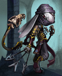 anthro armor bone bottomwear bow_(weapon) clothing column dagger fur holding_arrow holding_bow_(weapon) holding_object holding_ranged_weapon holding_weapon looking_at_viewer male melee_weapon pants ranged_weapon red_eyes skull solo weapon white_body white_fur bleats hex:_shards_of_fate lagomorph leporid mammal rabbit digital_media_(artwork) official_art
