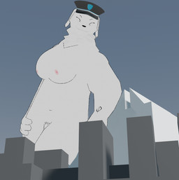 anthro big_breasts breasts city crossed_legs crossgender female fur leaning macro simple_background solo white_body white_fur geijutsu_konran macro_march mau_makan_apa general_aditya borzoi canid canine canis domestic_dog hunting_dog mammal sighthound 3d_(artwork) digital_media_(artwork)