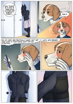 abs anthro athletic athletic_anthro athletic_male back_focus back_muscles black_body black_fur black_hair blue_eyes blush boxer_briefs boxer_briefs_only brown_eyes butt butt_focus cellphone claws closet clothed clothing dialogue digitigrade door door_handle doorknob duo ear_piercing ear_ring electronics embarrassed eyebrow_through_hair eyebrows fur hair highlights_(coloring) looking_at_cellphone looking_at_object looking_at_partner's_butt looking_at_phone male muscular_butt opening_door painting_(object) pawpads peek phone piercing ring_piercing shirt shirt_tag t-shirt tail tail_motion tan_body tan_fur text thought_bubble toe_claws topless topwear towel translucent translucent_hair underwear underwear_only wavy_mouth wearing_towel wet_hair wide_eyed gaikotsu airam tauski canid canine canis domestic_dog mammal wolf comic english_text hi_res