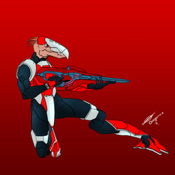 3_fingers anthro armor beak bodysuit carbine clothed clothing face_covered fingers gradient_background gun headgear helmet holding_gun holding_object holding_ranged_weapon holding_weapon kneeling male quill_hair ranged_weapon red_eyes sharp_teeth simple_background skinsuit solo tan_body teeth tight_clothing weapon diegoizq117 halo_(series) microsoft xbox_game_studios alien kig-yar ruuhtian scalie 1:1 colored hi_res