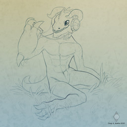 abs adolescent anthro athletic athletic_anthro athletic_male biped claws collar electronics grass headphones horn male music nude plant sitting smile solo young amarian fallout microsoft deathclaw scalie 1:1 2015 sketch
