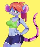 anthro blush bottomwear bra breasts buckteeth clothed clothing female freckles green_eyes hair hand_on_hip machine navel red_hair shorts smile solo sports_bra standing teeth underwear dustbinrat moxie_the_mouse animatronic mammal mouse murid murine robot rodent