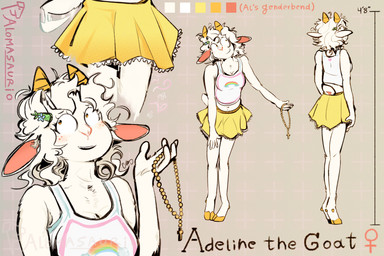 anthro beads bottomwear clothing crossgender female feminine feminine_pose fur goat_ears hair hooves horn prayer_beads pupils rosary shirt skirt sleeveless_shirt small_pupils solo tail tank_top text topwear white_body white_clothing white_fur white_hair white_shirt white_tail white_tank_top white_topwear yellow_bottomwear yellow_clothing yellow_eyes yellow_skirt palomasaurio adeline_(palomasaurio) bovid caprine goat mammal 3:2 absurd_res english_text hi_res huge_filesize model_sheet superabsurd_res