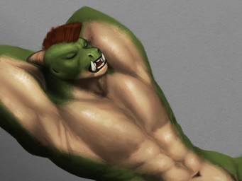fangs male mohawk muscular sleeping solo teeth mamaubear nemu_(mamaubear) humanoid lizard orc reptile scalie 4:3 absurd_res hi_res