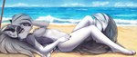 anthro areola beach breasts eyewear female female_anthro fur grey_body grey_fur happy medium_breasts navel nipples nude paws pink_areola pink_nipples red_eyes sea seaside smile solo sunglasses teeth water conditional_dnp shirsha helluva_boss mythology loona_(helluva_boss) canid canid_demon canine demon hellhound mammal mythological_canine mythological_creature absurd_res hi_res