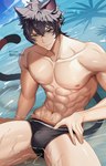 5_fingers abs biped black_hair blue_eyes bulge clothed clothing fingers hair heterochromia human_and_animal_ears male multi_ear muscular muscular_humanoid muscular_male partially_submerged pecs solo tail topless topless_humanoid topless_male water nemuimori animal_humanoid cat_humanoid felid felid_humanoid feline feline_humanoid humanoid mammal mammal_humanoid tailed_humanoid 2023 hi_res