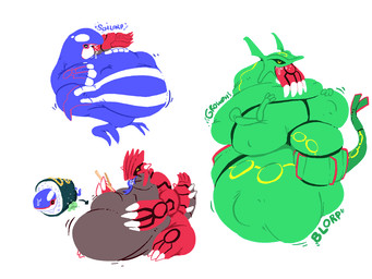 after_vore belly big_belly blue_body claws feral green_body group overweight red_body simple_background trio vore white_background boot_(artist) nintendo pokemon generation_3_pokemon groudon kyogre legendary_pokemon pokemon_(species) rayquaza 2014