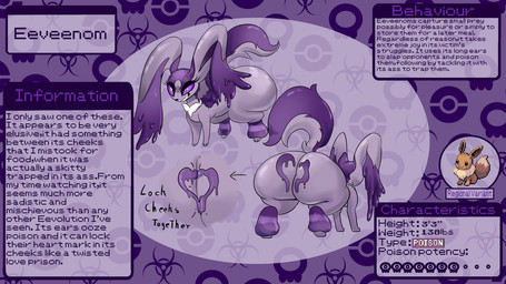 ambiguous_gender big_butt butt eyelashes eyeshadow feral front_view goo_drip huge_butt long_ears makeup multiple_angles poison quadruped raised_tail rear_view slime smile smirk solo tail text blossonflower nintendo pokemon fan_character eevee eeveelution generation_1_pokemon pokemon_(species) 16:9 english_description english_text model_sheet widescreen
