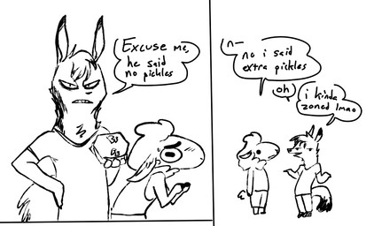2_panel_comic 4_fingers anthro blush blush_lines bodily_fluids bottomwear clothed clothed_anthro clothing container dialogue dipstick_tail duo female fingers food_container frown fully_clothed fully_clothed_anthro fur gesture hand_on_hip holding_container holding_object horizontal_pupils looking_at_viewer male mane markings narrowed_eyes pupils shirt shorts shrug simple_background speech_bubble standing sweat sweatdrop t-shirt tail tail_markings talking_to_another talking_to_viewer tank_top text topwear white_background wool_(fur) the_weaver pack_street anneke_(weaver) remmy_cormo aardwolf bovid caprine hyena mammal sheep 2026 black_and_white comic digital_drawing_(artwork) digital_media_(artwork) english_text monochrome