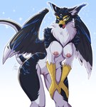 anthro beak big_breasts black_body black_fur blue_eyes breasts eyelashes feathered_wings feathers female fur genitals inner_ear_fluff looking_at_viewer neck_tuft nipple_piercing nipples piercing pussy scuted_arms scutes solo tail tuft white_body white_fur wings fuvi mythology deya_(billeur_entropy) avian gryphon mythological_avian mythological_creature absurd_res hi_res