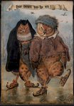 anthro banner biped brown_body caption clothing eyewear feral fur_hat glasses hat headgear headwear hood ice ice_skates male object_in_mouth plant raised_leg ruff_(clothing) sky standing text tree adriaen_van_de_venne public_domain ambient_bird avian bird mammal owl rodent 17th_century absurd_res ancient_art dutch_text hi_res